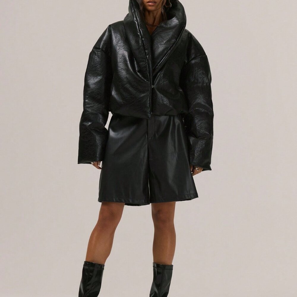 Black Casual Women's Thick Padded Faux Leather Puffer Coat - Picture 5 of 6